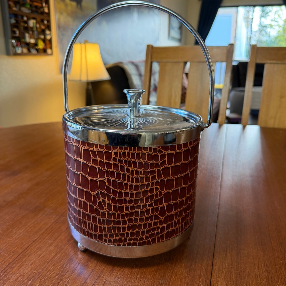 Vintage MCM Faux Crocodile Ice Bucket Chrome Starburst Lid Japan  Barware Kitsch